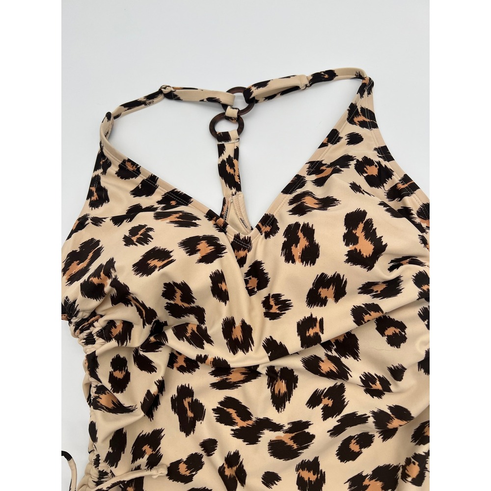Kona Sol Womens Leopard Print Ruched One Piece Swimsuit Neutral Tan Black Medium - Picture 2 of 7